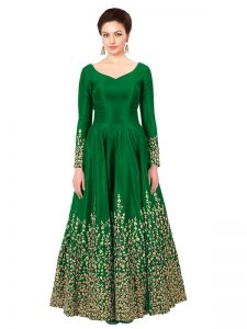 Green Color Semistitched Anarkali Suite In Taffeta Silk Fabric