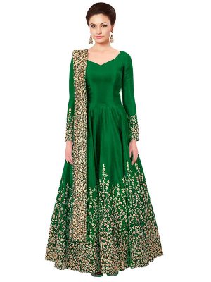 Green Color Semistitched Anarkali Suite In Taffeta Silk Fabric