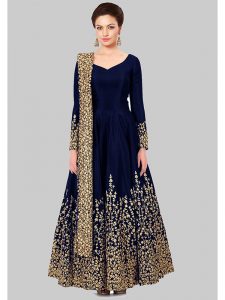 Blue Color Semistitched Anarkali Suite In Taffeta Silk Fabric