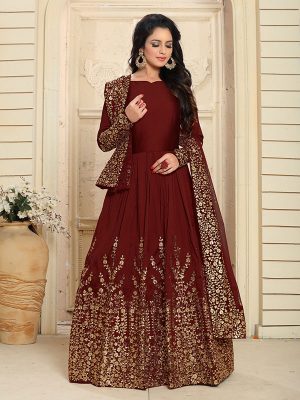 Maroon Color Semistitched Anarkali Suite In Taffeta Silk Fabric