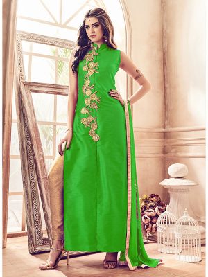 Parrot Green Color Semistitched Salwar Suite In Banglori Silk Fabric