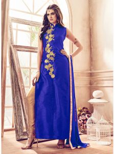 Blue Color Semistitched Salwar Suite In Banglori Silk Fabric