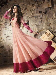 Red Color Semistitched Anarkali Suite In Chennai Silk Fabric