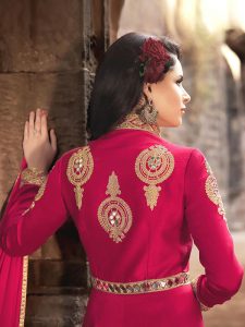 Red Color Semistitched Anarkali Suite In Banglori Silk Fabric