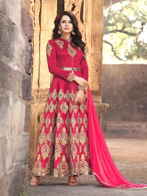 Red Color Semistitched Anarkali Suite In Banglori Silk Fabric