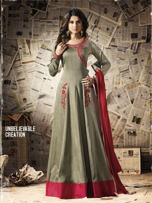 Grey Color Semi stitched Anarkali Suite In Cotton Slab Fabric