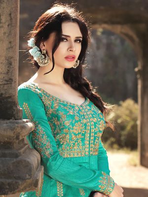 C Green Color Semistitched Anarkali Suite In Heavy Banglori Silk Fabric