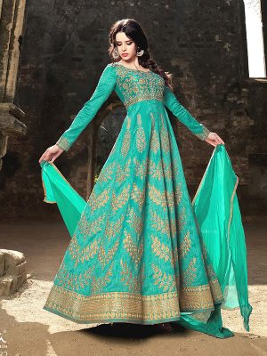 C Green Color Semistitched Anarkali Suite In Heavy Banglori Silk Fabric