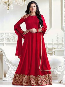 Red Color Semistitched Anarkali Suite In Faux Georgette Fabric