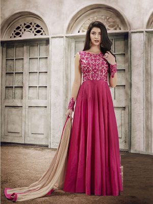Pink Color Semistitched Anarkali Suite In Paper Silk Fabric