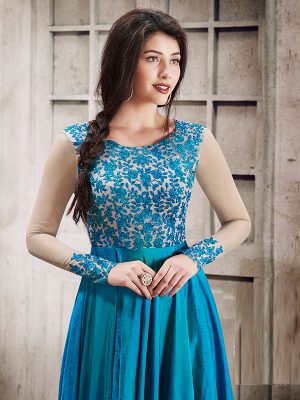 Sky Blue Color Semistitched Salwar Suite In Paper Silk Fabric