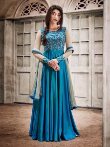 Sky Blue Color Semistitched Anarkali Suite In Paper Silk Fabric