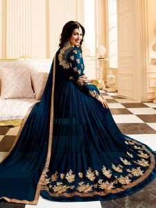 Navy Blue Color Semistitched Salwar Suite In Faux Georgette Fabric