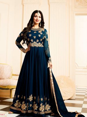 Navy Blue Color Semistitched Anarkali Suite In Faux Georgette Fabric