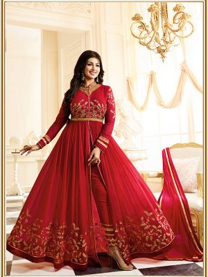 Red Color Semistitched Salwar Suite In Faux Georgette Fabric