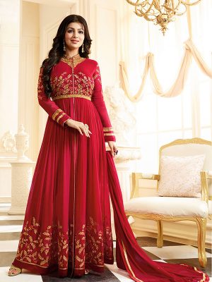 Red Color Semistitched Anarkali Suite In Faux Georgette Fabric