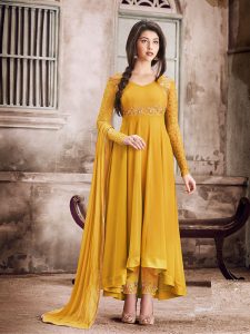 Yellow Color Semistitched Anarkali Suite In Faux Georgette Fabric