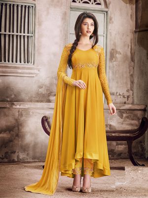 Yellow Color Semistitched Anarkali Suite In Faux Georgette Fabric