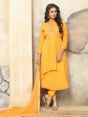 Yellow Color Semistitched Salwar Suite In Faux Georgette Fabric