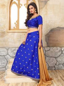 Blue Color Semi stitched Lehenga Choli In Taffeta Silk Fabric