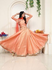 Orange Color Semi stitched Lehenga Choli In Cotton Slab Fabric