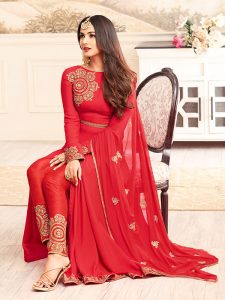 Exclusive Partywear Faux Georgette Red Colour Anarkali Dress