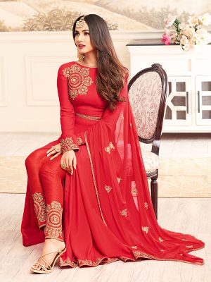 Exclusive Partywear Faux Georgette Red Colour Anarkali Dress