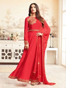 Exclusive Partywear Faux Georgette Red Colour Anarkali Dress