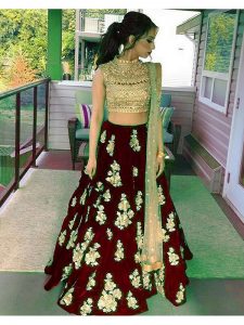 Women'S Maroon Velvet Lehenga Choli