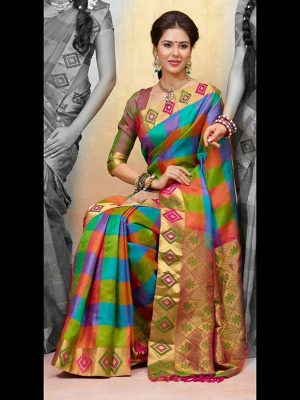 New Latest Designer Printed Multicolor Cheks Colour South Silk Indian Saree