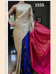 New Latest Designer Printed Blue & Cream Colour South Silk Indian Saree