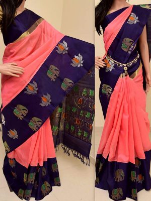 New Latest Designer Printed Blue & Pink Colour South Silk Indian Saree