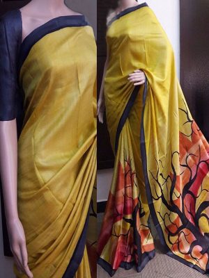 New Latest Designer Printed Yellow Colour South Silk Indian Saree