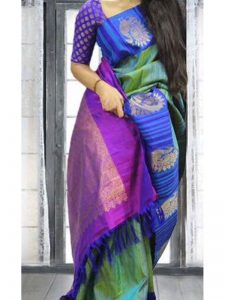 New Latest Designer Printed Blue & Green Colour South Silk Indian Saree