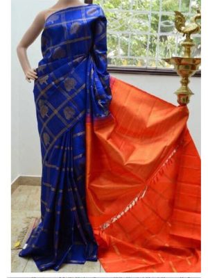 New Latest Designer Printed Blue & Orange Colour South Silk Indian Saree