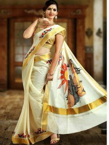 New Latest Designer Printed White Colour South Silk Indian Saree