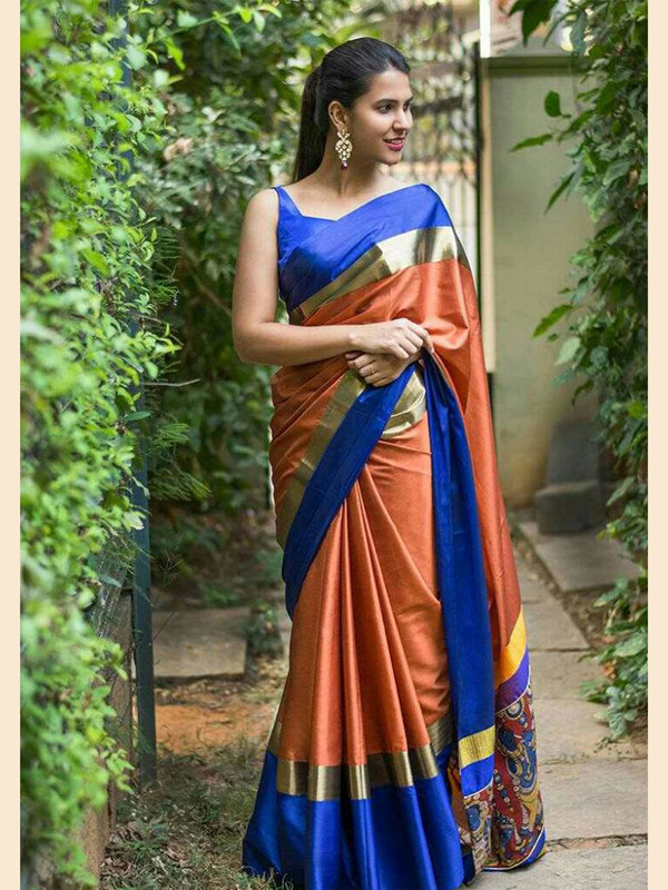 New Latest Designer Printed Orange & Blue Colour South Silk Indian Saree -  Zakarto