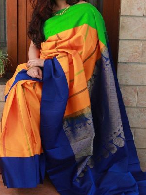 New Latest Designer Printed Orange & Green Colour South Silk Indian Saree