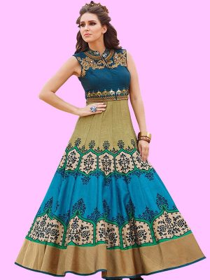 Trendy Chiku Colour Bhagalpuri Silk Party Wear Printed Gown