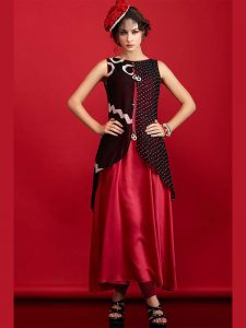 Red And Black Color Kurti In Georgette And Taffeta Silk Fabric