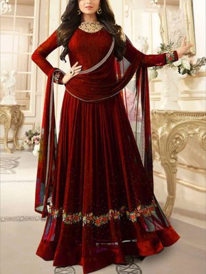 New Arrival Embroidered Georgette Red Colour Anarkali Dress