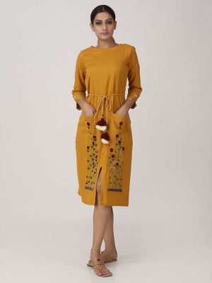 Embroidery Yellow Color Designer Kurti In Rayon Fabric