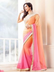 New Latest Designer Embroidered Pink & Orange Saree In Georgette Fabric