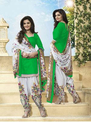 Printed Green And White Color Patiyala Suit In Cotton Fabric With Heavy Printed Duptta