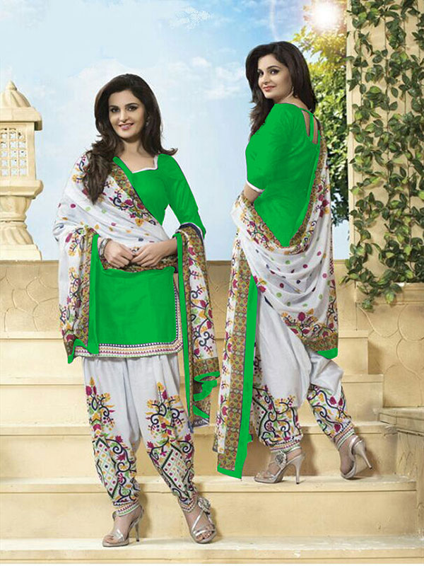 Printed Green And White Color Patiyala Suit In Cotton Fabric With Heavy Printed Duptta Zakarto