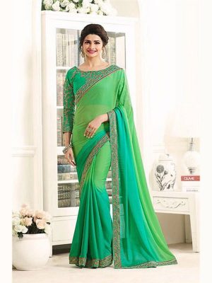 New Latest Designer Embroidered Green Color Silk Saree For Partywear