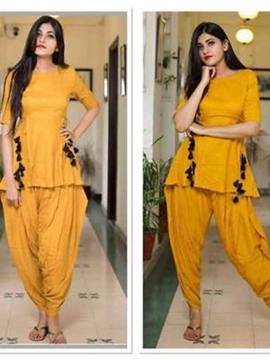 Trendy Designer Mustered Yellow Color Dhotipatiyala Suit Full Stitched