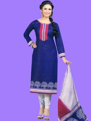 Printed Blue Color Dress Material In Cotton Fabric