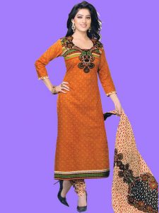 Printed Orange Color Dress Material In Cotton Fabric