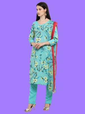 Printed Blue Color Dress Material In Cotton Fabric